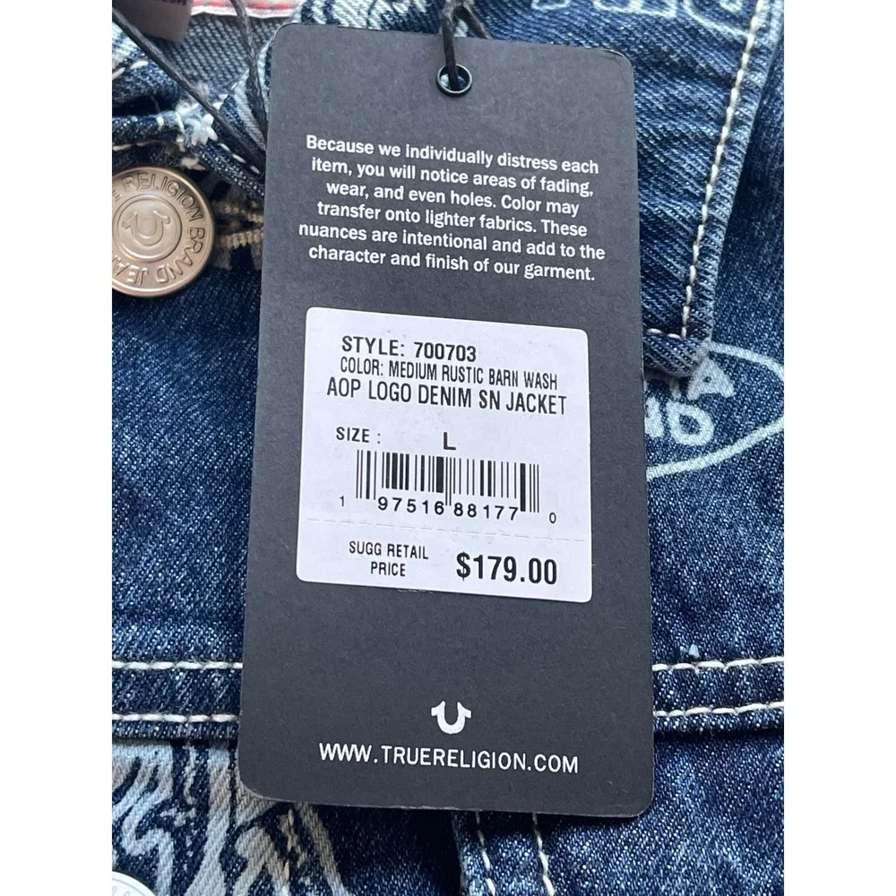 True Religion AOP Logo Denim Trucker Jacket Blue Jean‎ 700703 Mens L NWT